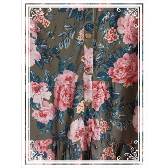 Pretty BLUE DAHLIA Green & Peach Babydoll Mini Dress Sz Large - Picture 2 of 3